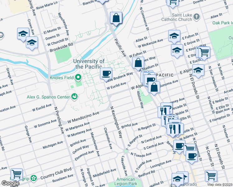 map of restaurants, bars, coffee shops, grocery stores, and more near 843 West Sonoma Avenue in Stockton