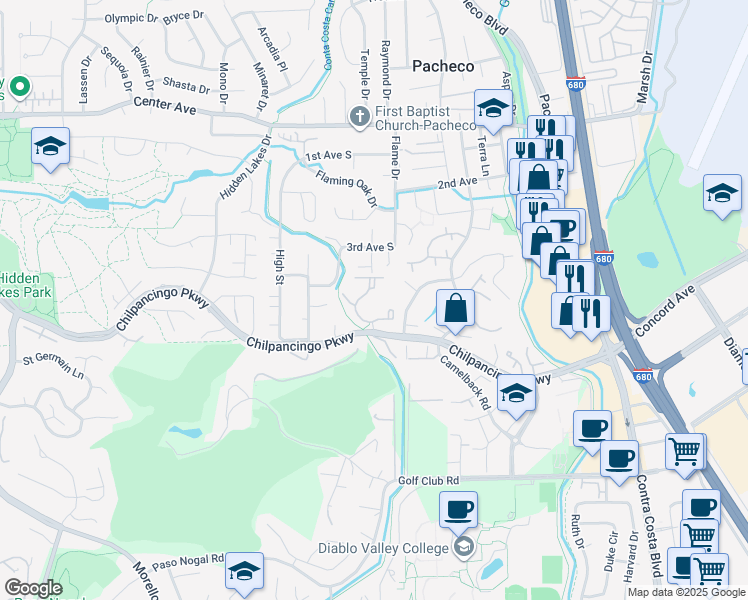 map of restaurants, bars, coffee shops, grocery stores, and more near 600 Ryan Drive in Pleasant Hill