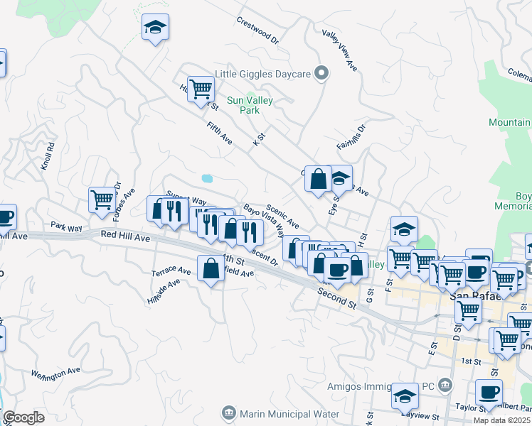 map of restaurants, bars, coffee shops, grocery stores, and more near 16 Bayo Vista Way in San Rafael