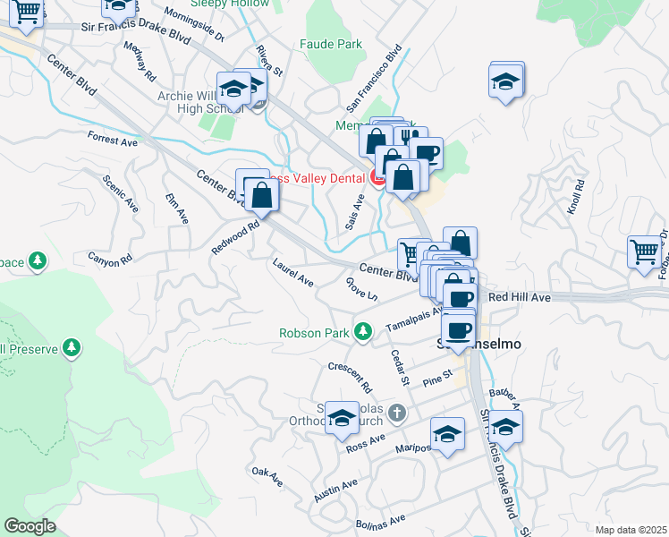 map of restaurants, bars, coffee shops, grocery stores, and more near 115 Madrone Avenue in San Anselmo
