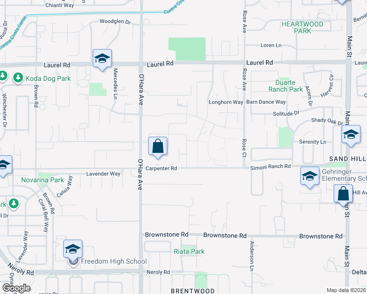 map of restaurants, bars, coffee shops, grocery stores, and more near 150 Ridge Crest Court in Oakley