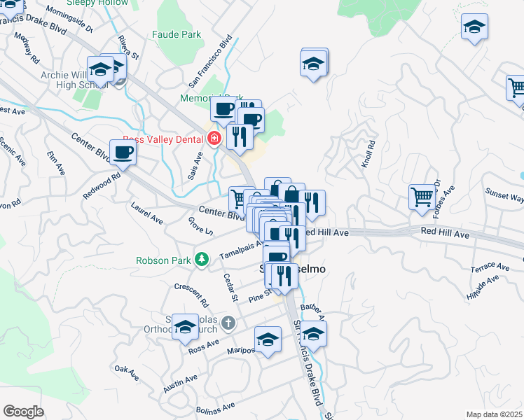 map of restaurants, bars, coffee shops, grocery stores, and more near 100 Center Boulevard in San Anselmo