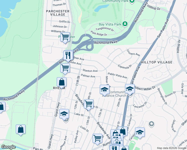 map of restaurants, bars, coffee shops, grocery stores, and more near 1371 Palmer Avenue in San Pablo