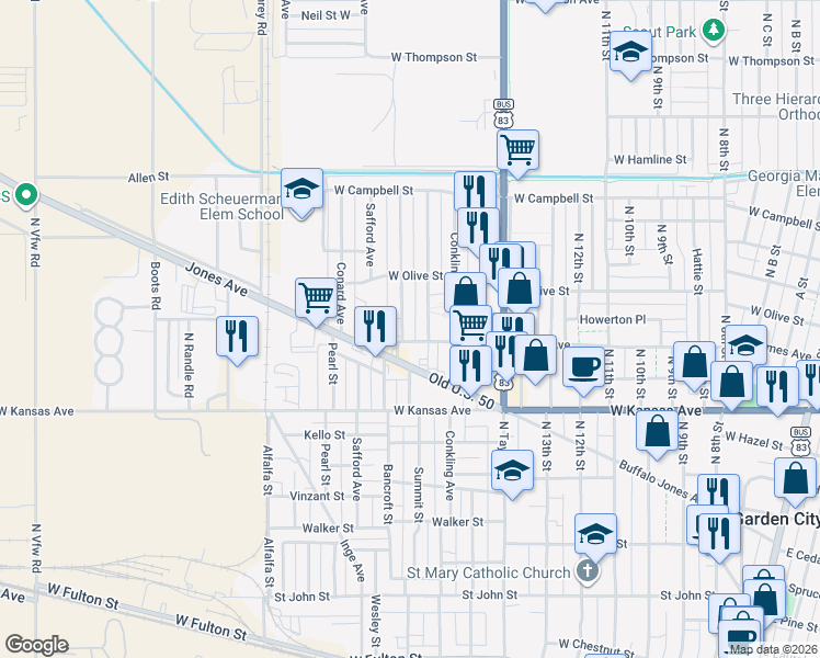 map of restaurants, bars, coffee shops, grocery stores, and more near 1500-1598 Jenny Ave in Garden City