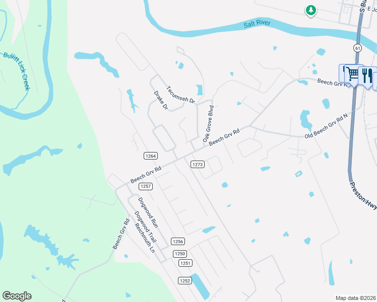 map of restaurants, bars, coffee shops, grocery stores, and more near 140 Dustin Way in Shepherdsville