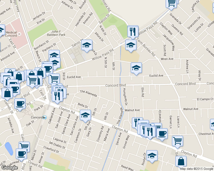 map of restaurants, bars, coffee shops, grocery stores, and more near Concord Boulevard & Vincente Road in Concord