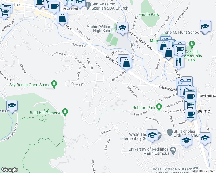 map of restaurants, bars, coffee shops, grocery stores, and more near 100 Redwood Road in San Anselmo