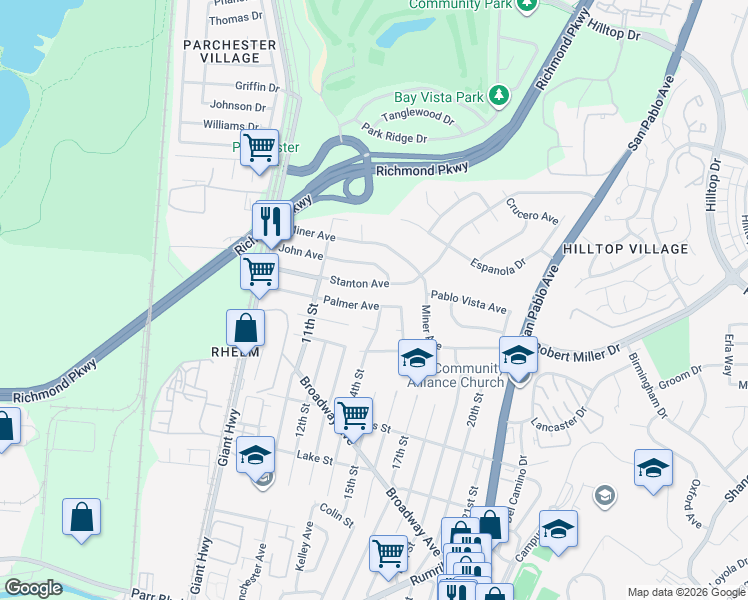 map of restaurants, bars, coffee shops, grocery stores, and more near 1371 Palmer Avenue in San Pablo