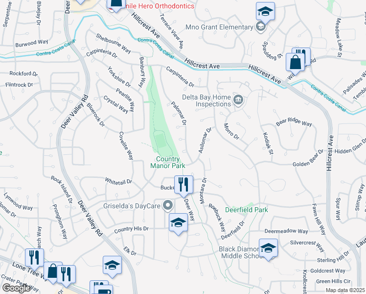 map of restaurants, bars, coffee shops, grocery stores, and more near 2640 Point Andrus Court in Antioch