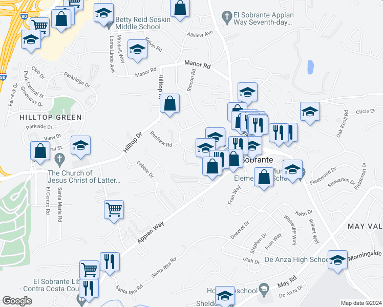 map of restaurants, bars, coffee shops, grocery stores, and more near 154 Renfrew Court in El Sobrante