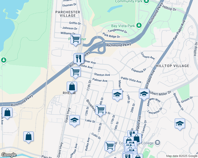 map of restaurants, bars, coffee shops, grocery stores, and more near 1312 Palmer Avenue in San Pablo
