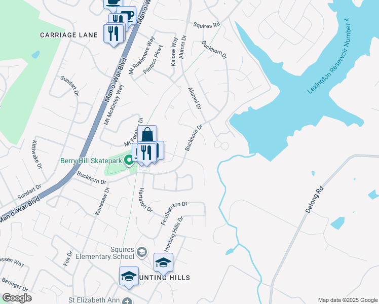 map of restaurants, bars, coffee shops, grocery stores, and more near 3412 Smoky Mountain Drive in Lexington