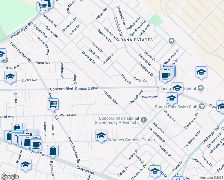 map of restaurants, bars, coffee shops, grocery stores, and more near 1776 Clayton Way in Concord