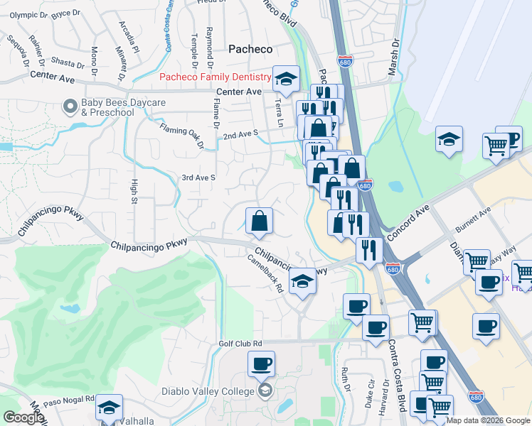 map of restaurants, bars, coffee shops, grocery stores, and more near 422 Camelback Road in Pleasant Hill
