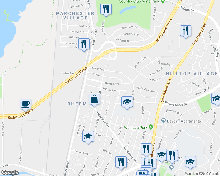 map of restaurants, bars, coffee shops, grocery stores, and more near 1323 Redwood Circle in San Pablo