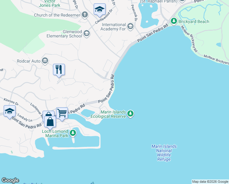 map of restaurants, bars, coffee shops, grocery stores, and more near 828 Point San Pedro Road in San Rafael