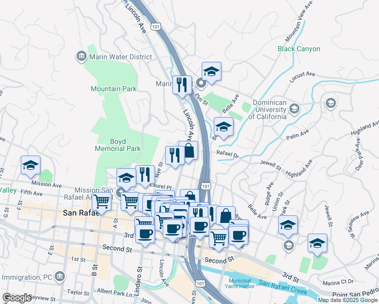 map of restaurants, bars, coffee shops, grocery stores, and more near 75 Plum Tree Lane in San Rafael