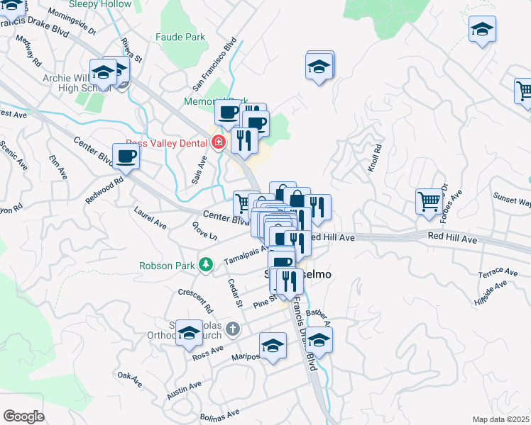 map of restaurants, bars, coffee shops, grocery stores, and more near 100 Center Boulevard in San Anselmo