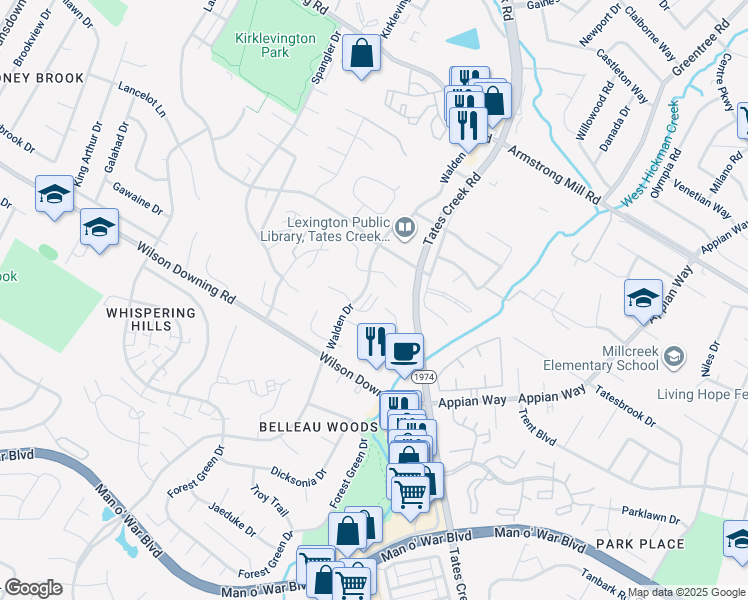 map of restaurants, bars, coffee shops, grocery stores, and more near 3815 Sugar Creek Drive in Lexington