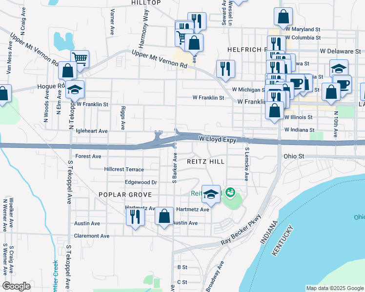 map of restaurants, bars, coffee shops, grocery stores, and more near 50 South Barker Avenue in Evansville