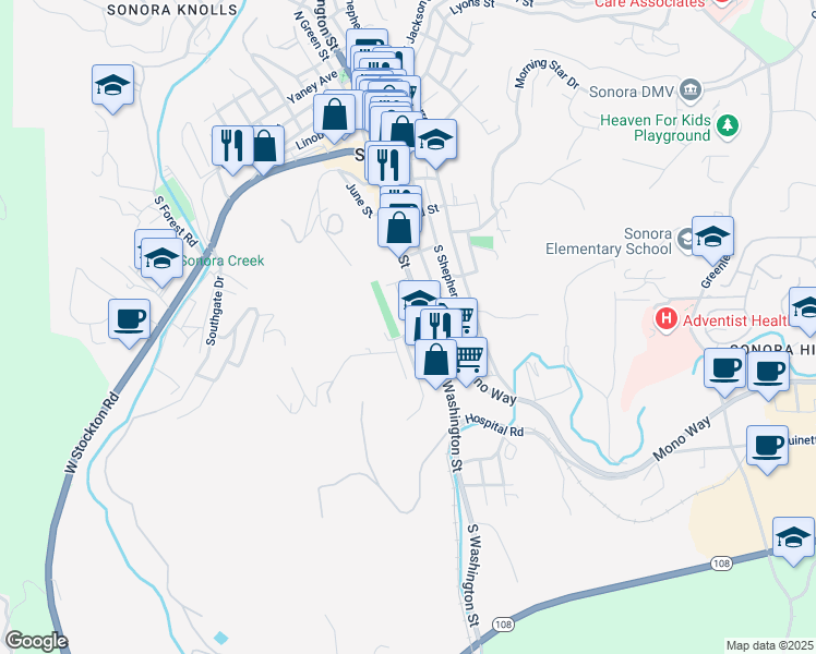 map of restaurants, bars, coffee shops, grocery stores, and more near 582 Olive Street in Sonora