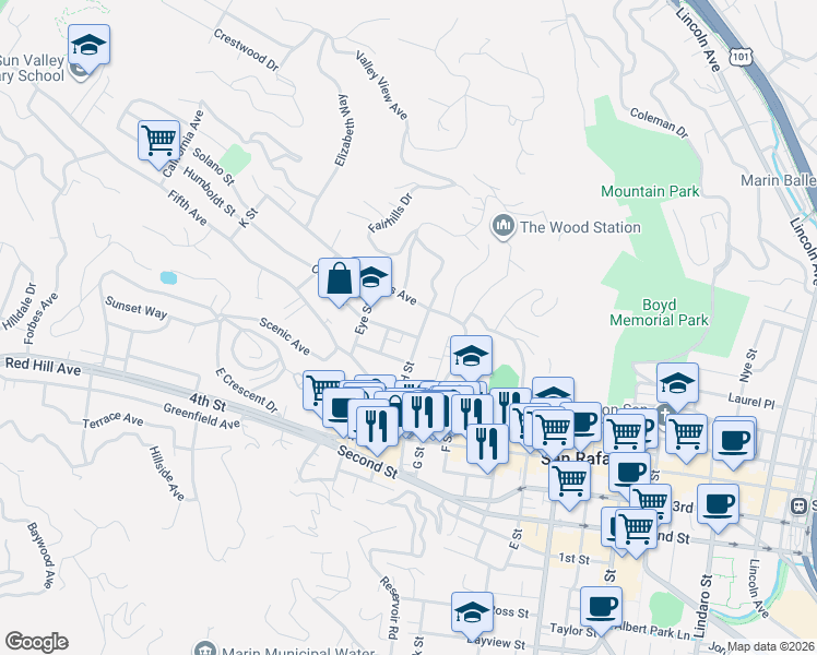 map of restaurants, bars, coffee shops, grocery stores, and more near 205 H Street in San Rafael