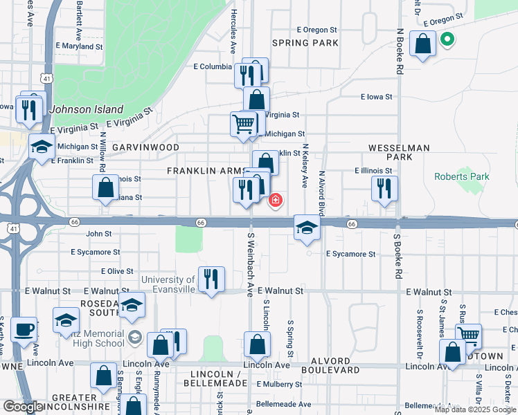 map of restaurants, bars, coffee shops, grocery stores, and more near 4 North Weinbach Avenue in Evansville