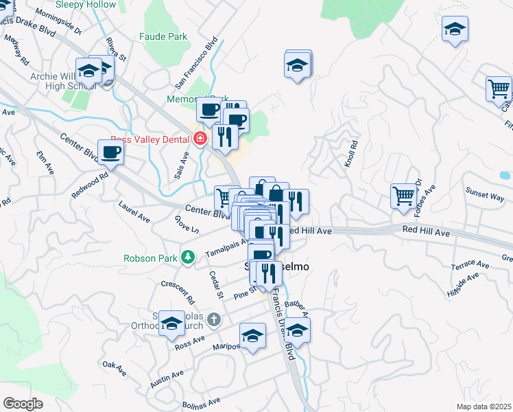 map of restaurants, bars, coffee shops, grocery stores, and more near 100 Center Boulevard in San Anselmo