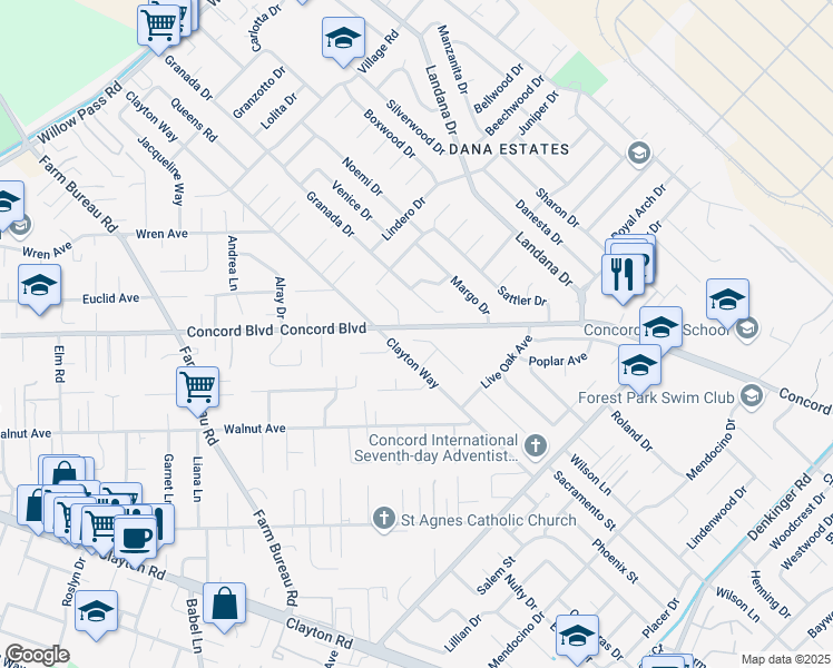 map of restaurants, bars, coffee shops, grocery stores, and more near 1776 Clayton Way in Concord