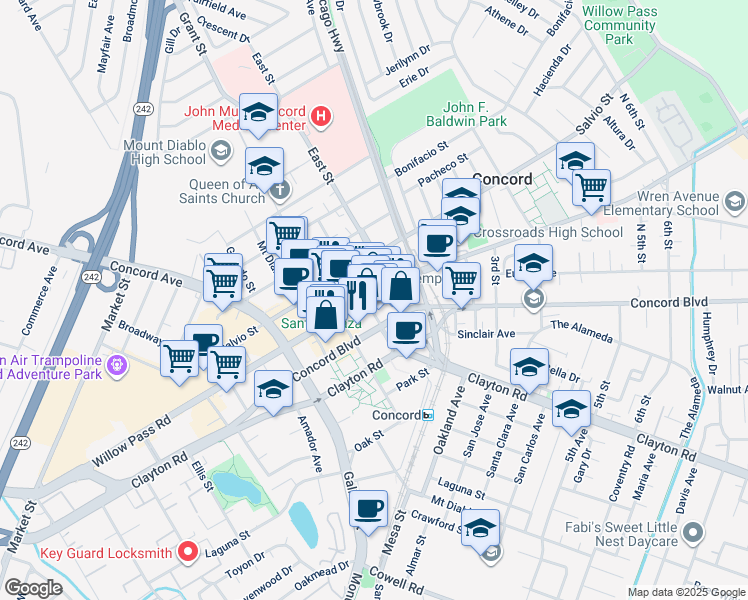 map of restaurants, bars, coffee shops, grocery stores, and more near 2307 Colfax Street in Concord