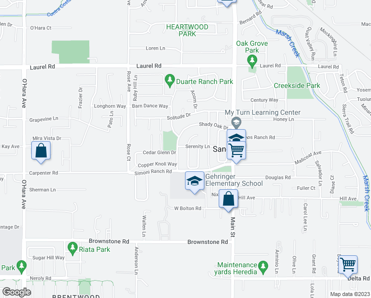 map of restaurants, bars, coffee shops, grocery stores, and more near 31 Serenity Lane in Oakley