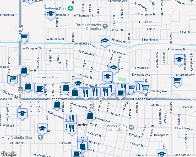 map of restaurants, bars, coffee shops, grocery stores, and more near 1412 North Main Street in Garden City