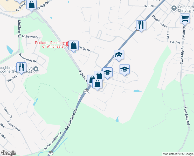 map of restaurants, bars, coffee shops, grocery stores, and more near 100 Vaught Road in Winchester
