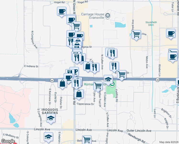 map of restaurants, bars, coffee shops, grocery stores, and more near 5162 East Lloyd Expressway in Evansville