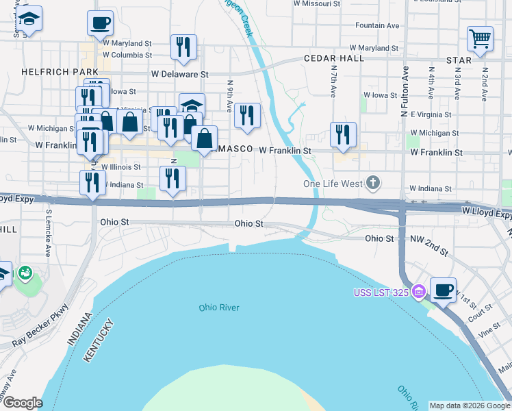 map of restaurants, bars, coffee shops, grocery stores, and more near 1100 West Pennsylvania Street in Evansville