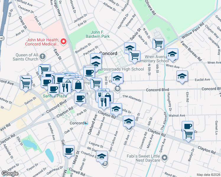 map of restaurants, bars, coffee shops, grocery stores, and more near 2825 Concord Boulevard in Concord