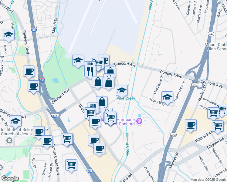 map of restaurants, bars, coffee shops, grocery stores, and more near 1190 Burnett Avenue in Concord