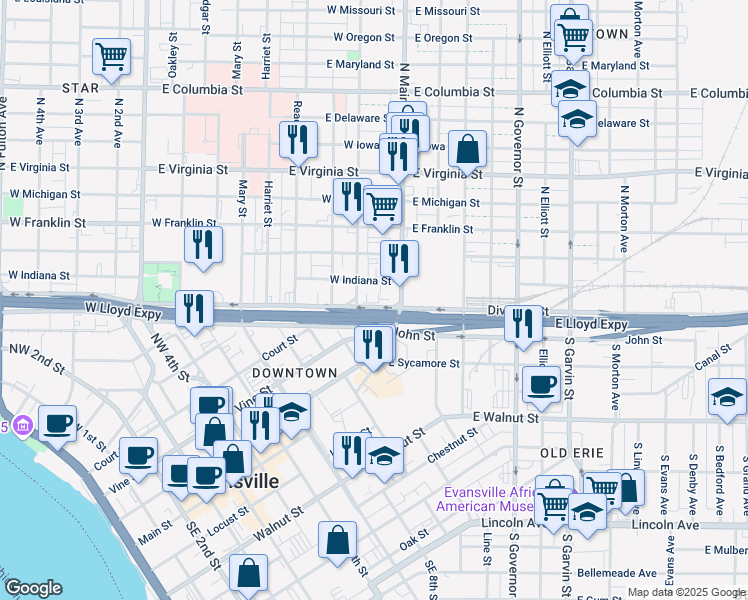 map of restaurants, bars, coffee shops, grocery stores, and more near 1 East Lloyd Expressway in Evansville