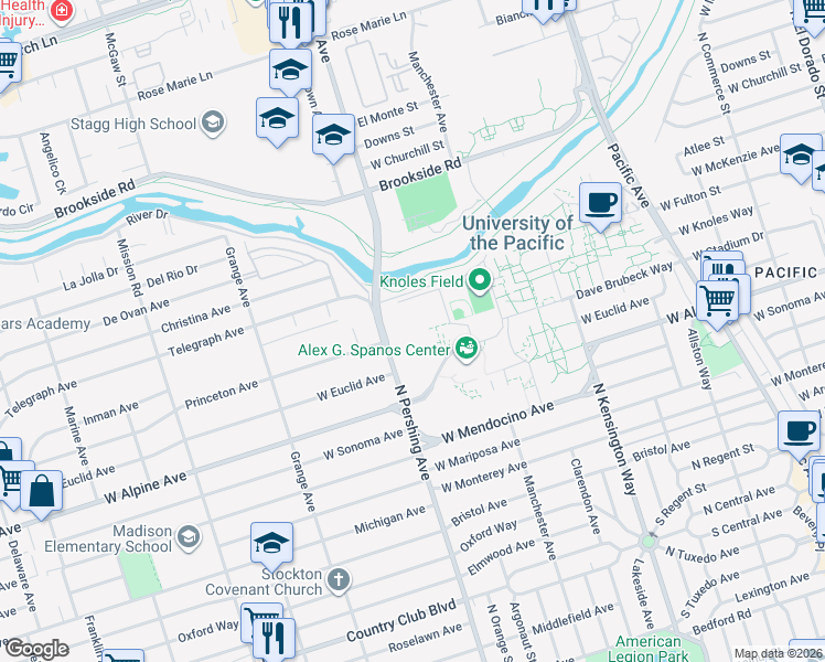 map of restaurants, bars, coffee shops, grocery stores, and more near 3400-3474 North Pershing Avenue in Stockton