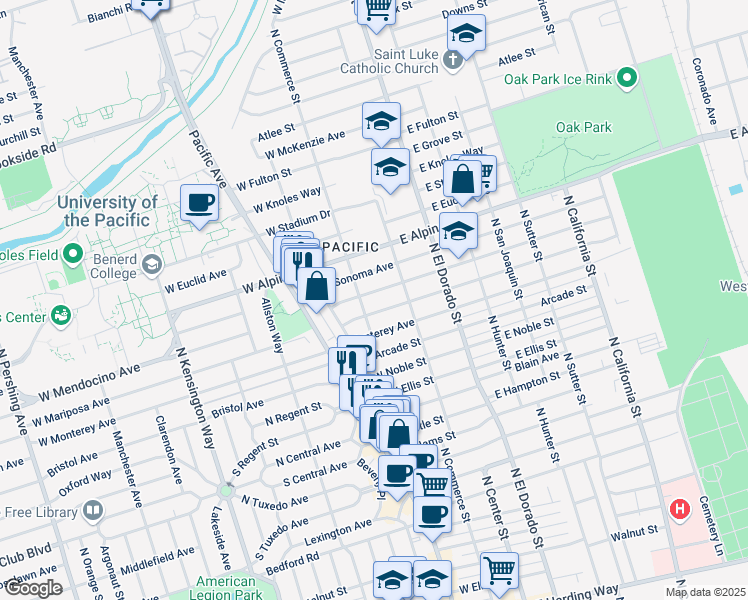 map of restaurants, bars, coffee shops, grocery stores, and more near 74 West Mariposa Avenue in Stockton