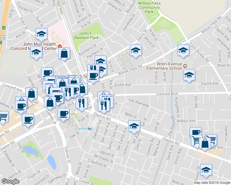 map of restaurants, bars, coffee shops, grocery stores, and more near 2825 Concord Boulevard in Concord