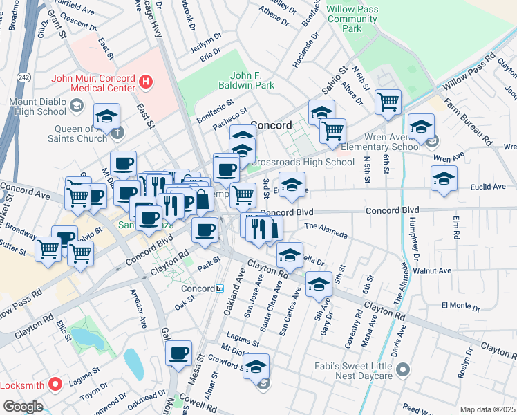 map of restaurants, bars, coffee shops, grocery stores, and more near 2752 Concord Boulevard in Concord