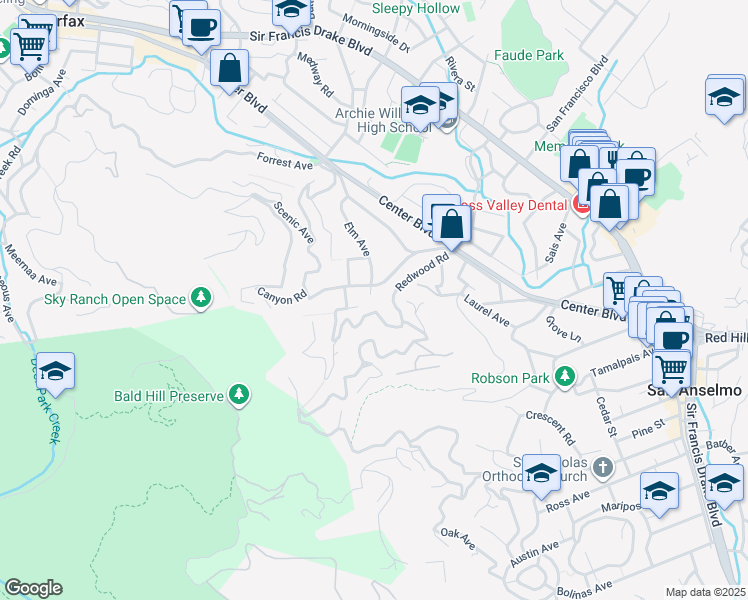 map of restaurants, bars, coffee shops, grocery stores, and more near 194 Floribel Avenue in San Anselmo
