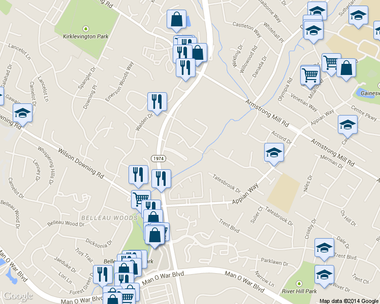 map of restaurants, bars, coffee shops, grocery stores, and more near 3751 Appian Way in Lexington