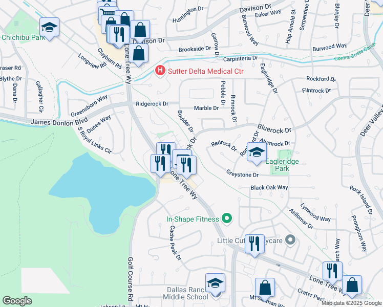 map of restaurants, bars, coffee shops, grocery stores, and more near 4053 Lone Tree Way in Antioch