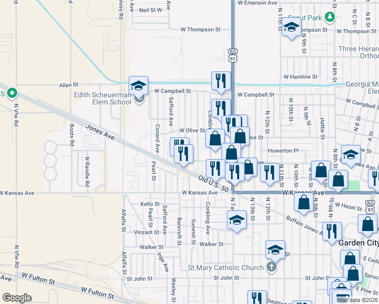 map of restaurants, bars, coffee shops, grocery stores, and more near 1500-1598 Jenny Ave in Garden City