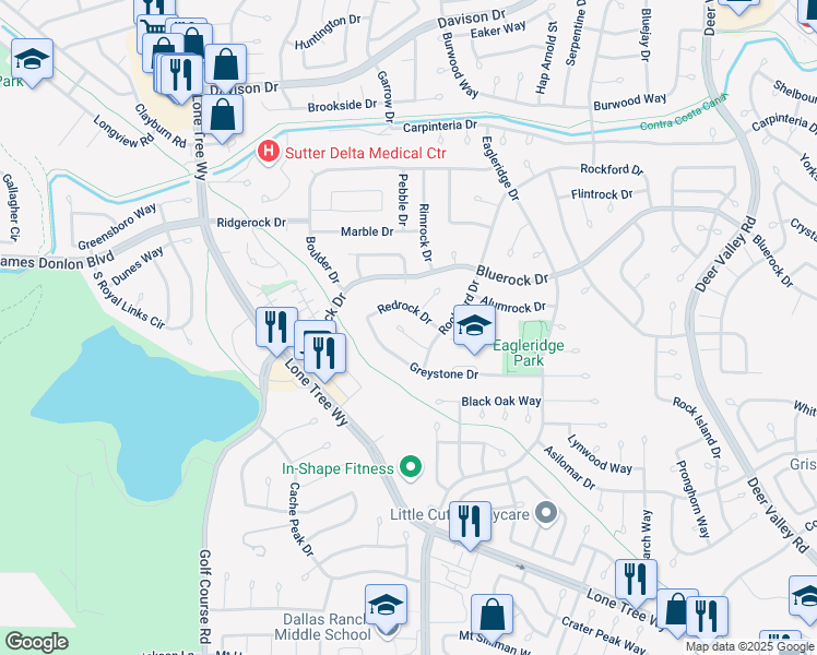 map of restaurants, bars, coffee shops, grocery stores, and more near 414 Sandy Hill Court in Antioch