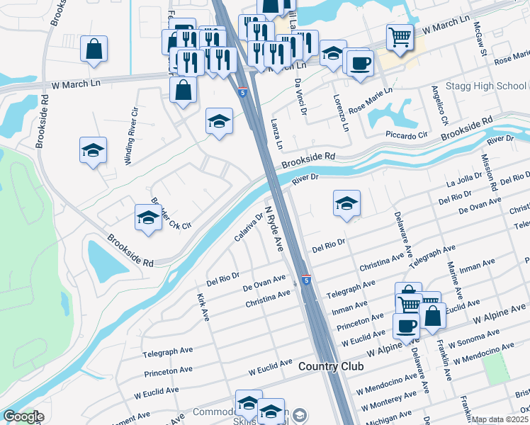 map of restaurants, bars, coffee shops, grocery stores, and more near 2681 Calariva Drive in Stockton