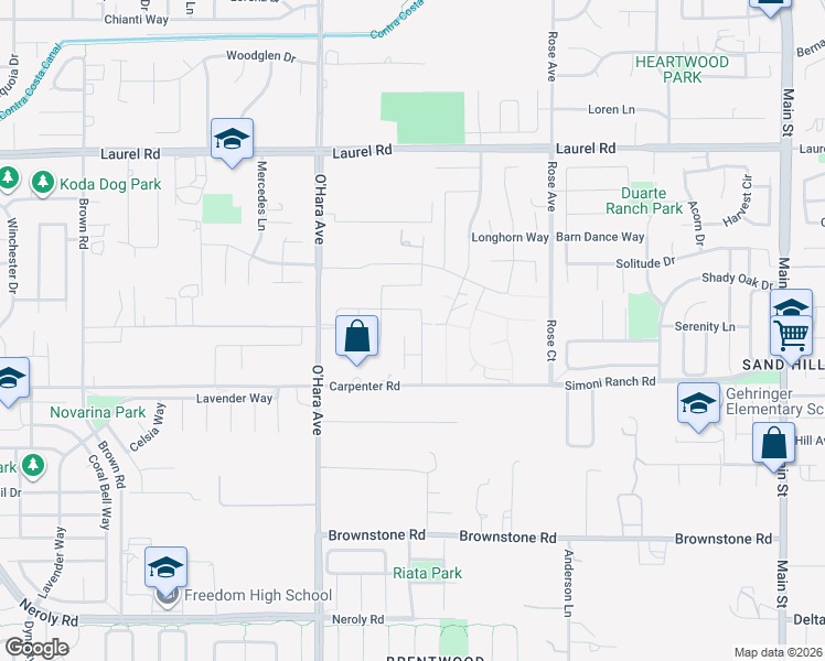 map of restaurants, bars, coffee shops, grocery stores, and more near 140 Ridge Crest Court in Oakley