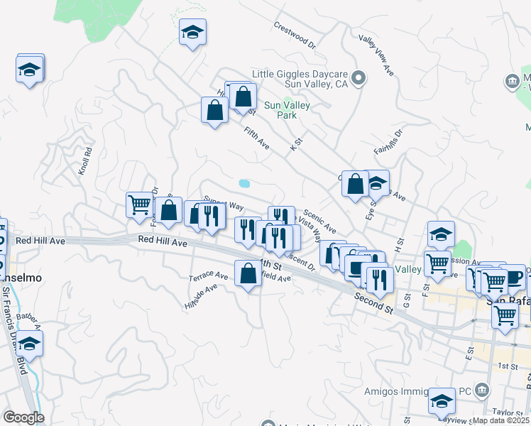 map of restaurants, bars, coffee shops, grocery stores, and more near 95 West Crescent Drive in San Rafael